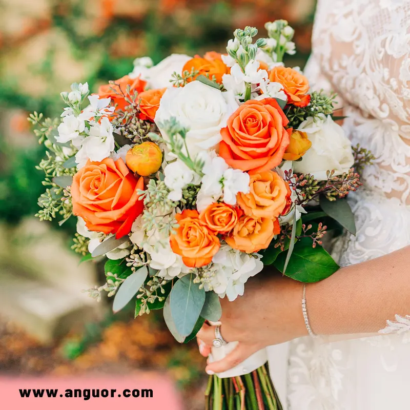 دسته گل عروس با رز نارنجی