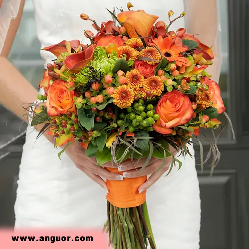 دسته گل عروس با رز و داوودی نارنجی