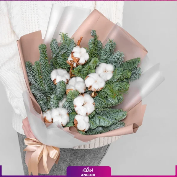 خرید دسته گل کریسمس به همراه پنبه - گل کریسمس