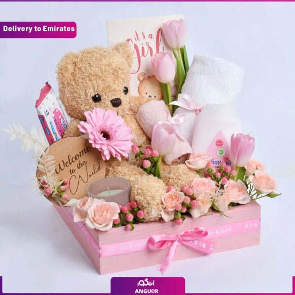 باکس گل و هدیه خرس مخصوص نوزاد دختر