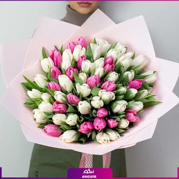 دسته گل لاله- گل بهاری- لاله سفید و لاله صورتی