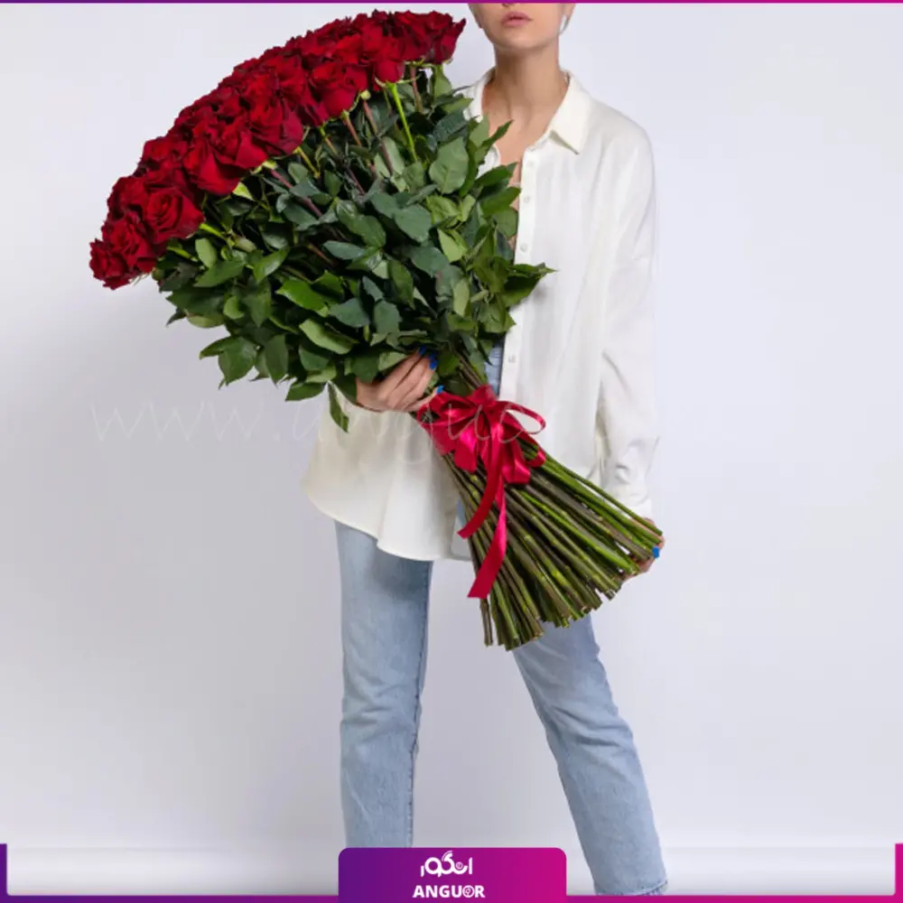 دسته گل 100 شاخه رز قرمز 100 سانتی (سوپر ممتاز هلندی) - Image 3