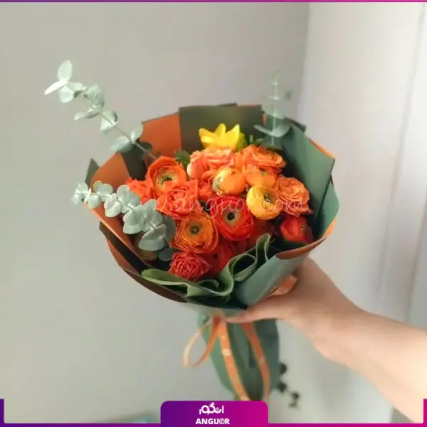 دسته گل آنمون نارنجی- گل آنمون- انگور