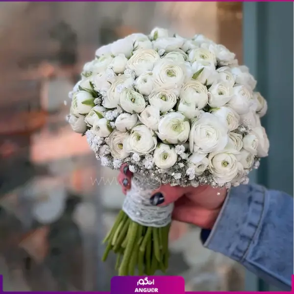 دسته گل عروس آنمون سفید همراه با شکوفه های زیبای ژیپسوفیلا | انگور