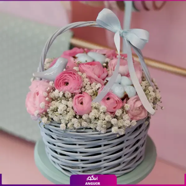 سبد گل آنمون- گل صورتی- انگور
