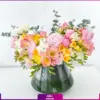 گل با گلدان شیشه ای- خرید آنلاین گل آنمون و فرزیا- انگور