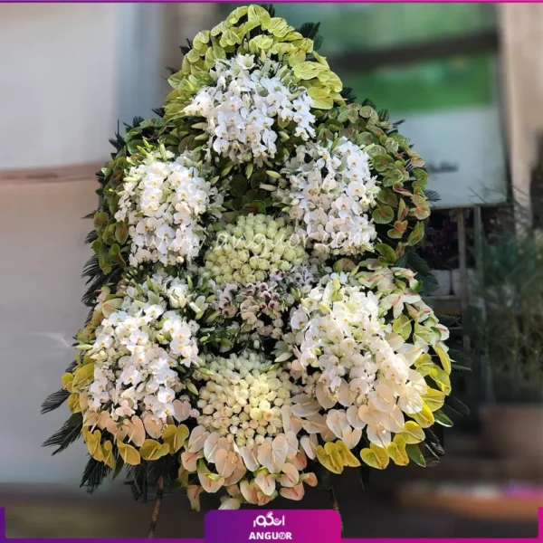 تاج گل لاکچری با گلهای رز و آنتوریوم و ارکیده برای افتتاحیه