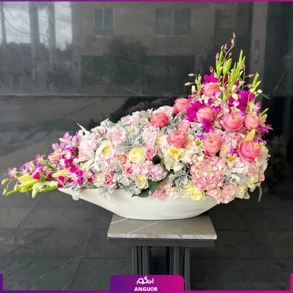 جام گل خواستگاری لاکچری با گل پیونی و ارکیده و لیلیوم
