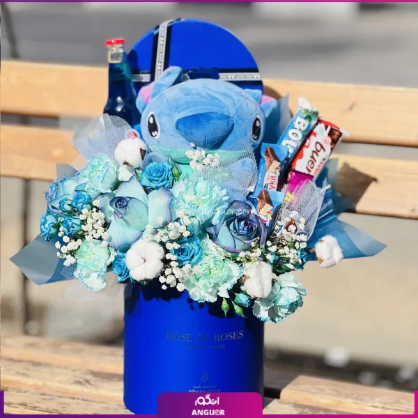 باکس گل و عروسک مدل Stitch Blue