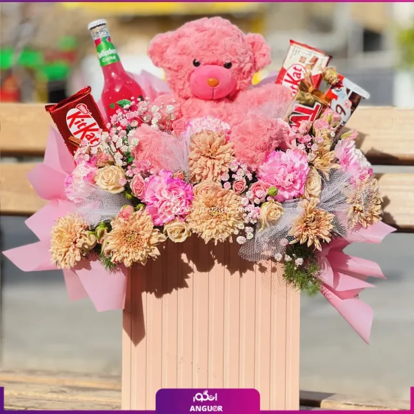 پکیج ولنتاین گل و شکلات مدل پینک تدی